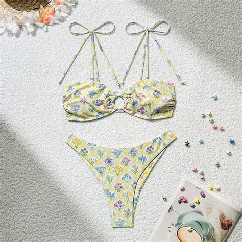 HHH New Bikini Print Lace Up Tube Top Sexy Bikini Beach Hot Spring Swimsuit For Women