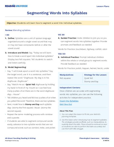 Segmenting Words Into Syllables Lesson Plan Reading Universe