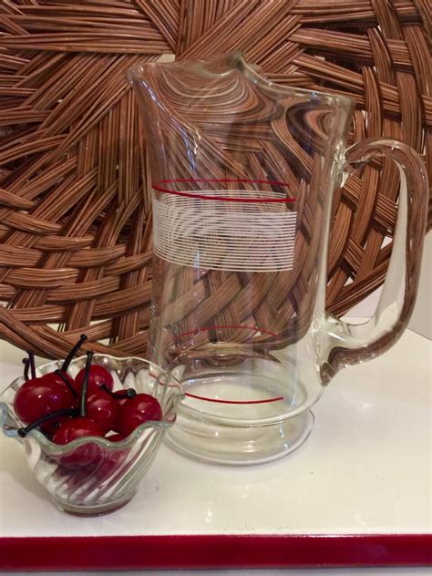 Vintage Glass Pitcher Red White Stripes Mid Century Modern Etsy