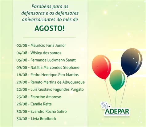 Aniversariantes do mês de agosto ADEPAR Associação das Defensoras e