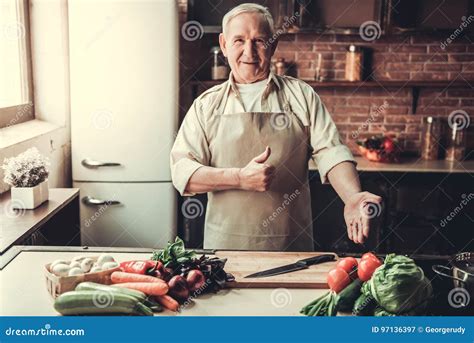 Old Man In Kitchen Stock Image Image Of Male Meal Home 97136397