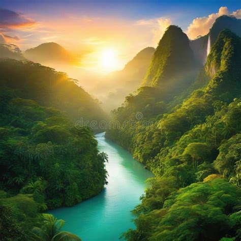 Sunset Rainforest Panorama With Waterfall Jungle River With Tropical