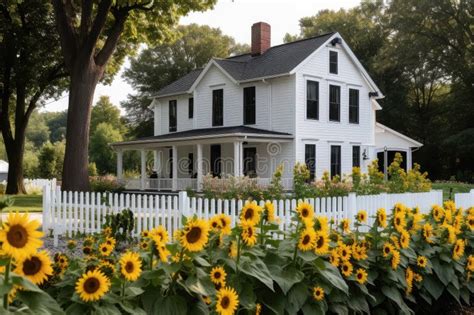 Modern Farmhouse House Exterior With Sunflowers And Picket Fence Stock