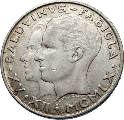 1960 BELGIUM King Baudouin I Marriage Queen Fabiola Silver 50 Francs