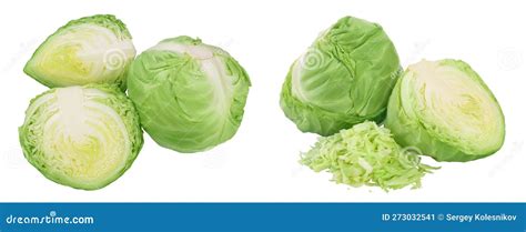 Green Cabbage With Half Isolated On White Background With Full Depth Of Field Top View Stock