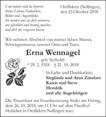 Traueranzeigen Von Erna Wennagel Zeit Des Gedenkens De