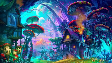 HD wallpaper: Colorful, drawing, fantasy Art, house, mountain, mushroom ...