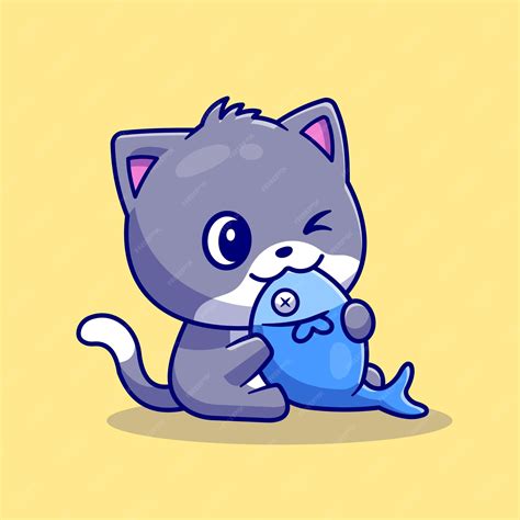 Premium Vector Cute Cat Eating Fish Cartoon Vector Icon Illustration