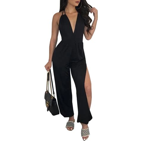 Casual Solid Loose Jumpsuit Women Sexy Backless Deep V Neck Female Body Slim Bandage Halter High