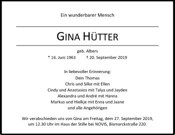 Traueranzeigen von Gina Hütter nordwest trauer de