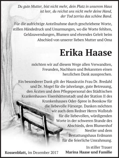 Traueranzeigen von Erika Haase Märkische Onlinezeitung Trauerportal