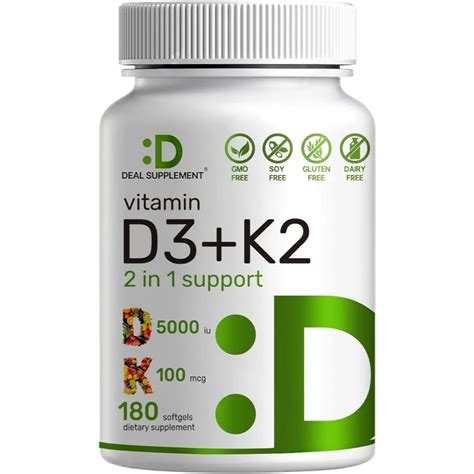 Deal Suplement Vitamina D3 5 000 Iu Vitamina K2 Mk7 100 Mcg 250 Softgels Vitaminas Y Mas