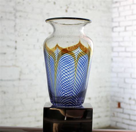 Vintage Correia Art Glass Pulled Feather Vase Cobalt Clear Metallic 1980 At 1stdibs Correia