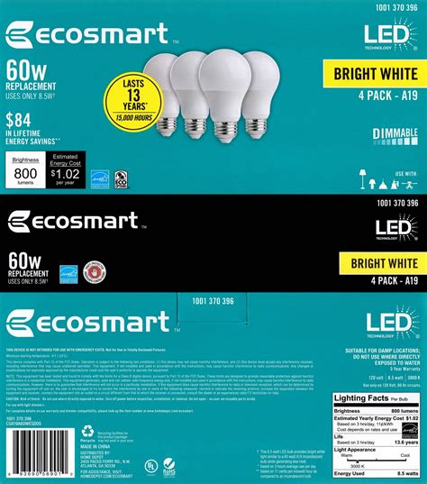 172 Led 60w Bright White 3000k Dimmable Ecosmart A19 8 5w 60 Watt