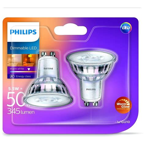 2 Led Pærer Dæmpbar Philips Warm Glow Gu10 5 5w 230v 2200k 2700k