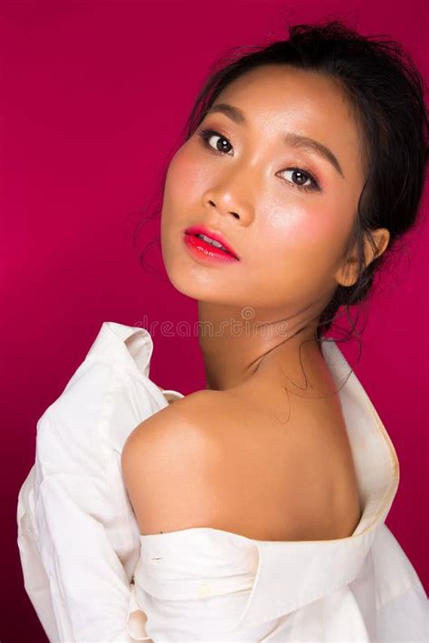 Asian Tanned Skin Woman With Strong Color Red Lips Stock Image Image