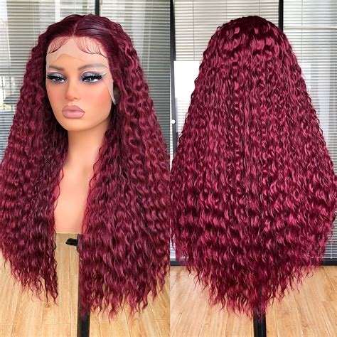 Annivia 26inch Deep Wave Lace Front Wigs Burgundy Long Curly Lace Front Wigs For