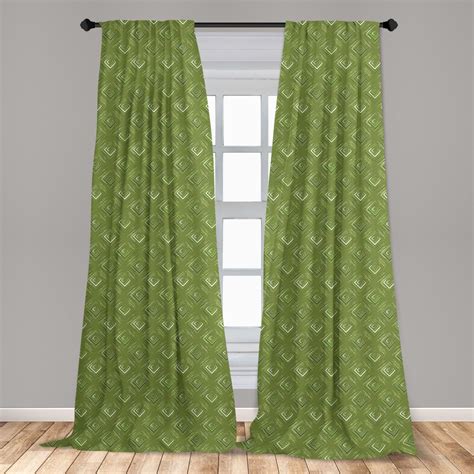 Olive Green Curtains 2 Panels Set Grunge Geometric Pattern Square