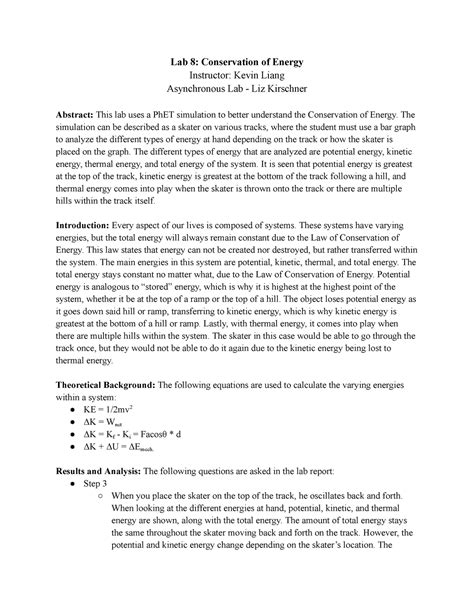 Phy 111 Lab 8 Lab Report Lab 8 Conservation Of Energy Instructor Kevin Liang Asynchronous