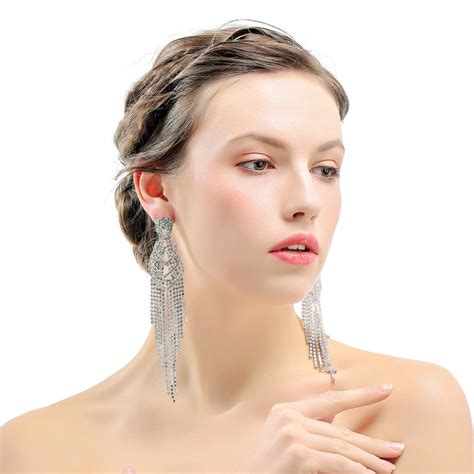 Silver Color Rhinestone Long Tassel Hanging Earrings For Women Super