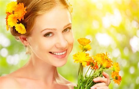 Wallpaper Girl The Sun Flowers Smile Glare Portrait Bouquet