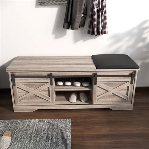 Shoe Bench With Cushion 47 Inch Modern Farmhouse Storage Bench With Sliding X Barn Door