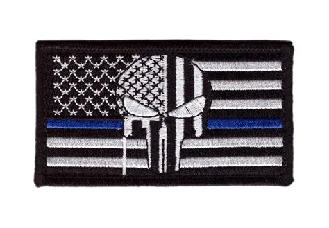 Thin Blue Line Punisher Skull American Flag Patch Embroidered Hook