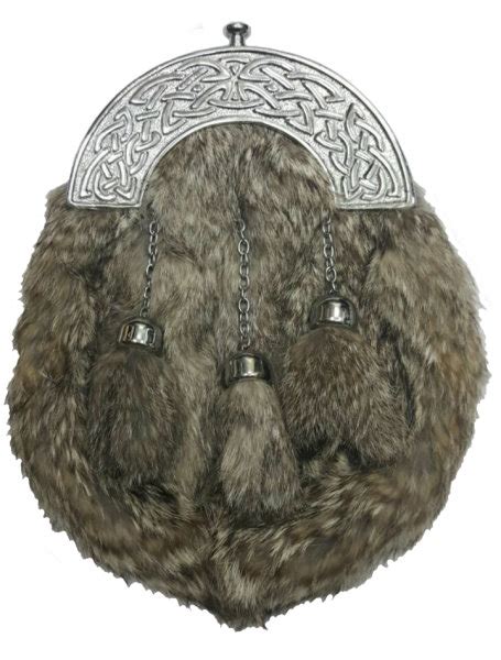 Celtic Kilts Grey Fur Sporran With Knotwork Cantle