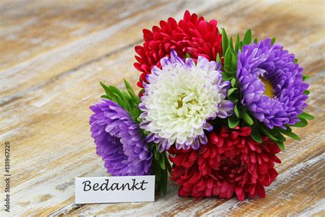 Bedankt Thank You In Dutch Card With Colorful Aster Bouquet Stock