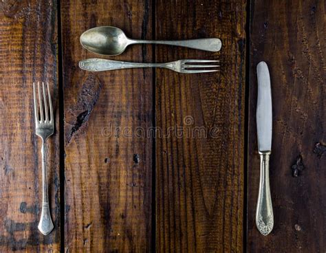 Cutlery Set On A Rustic Wooden Table Stock Image Image Of Dining