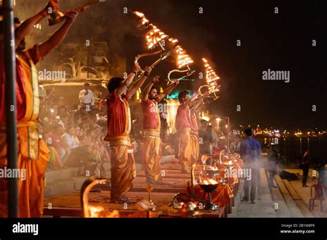 Ganga Aarti Ceremony Rituals At Assi Ghat In Varanasi India Stock