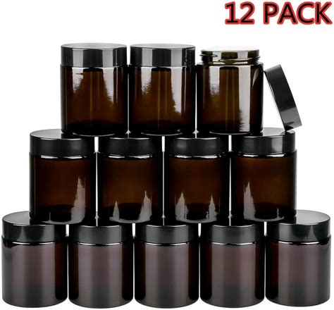 12pack Of 4 Oz Amber Round Glass Jars With Inner Liners And Black Lidsempty Cosmetic