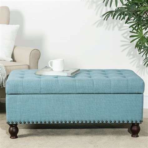 Joveco Linen Fabric Rectangular Tufted Lift Top Storage Ottoman Footstool with Solid Wood Legs ...