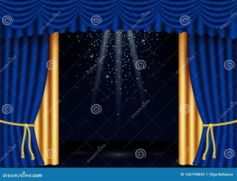 Vector Realistic Classic Blue And Gold Stage Curtains With Spotlights