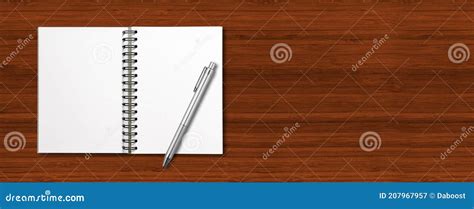 Blank Open Spiral Notebook And Pen Isolated On Dark Wood Banner Stock