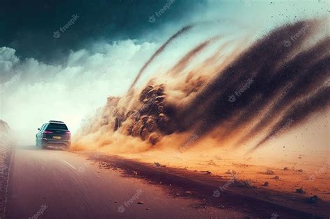 Premium Photo | A car driving on a dirt road with a large cloud of dust trailing behind it ...