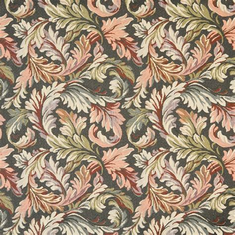 Navy Red And Green Floral Leaves Tapestry Upholstery Fabric By The Yard