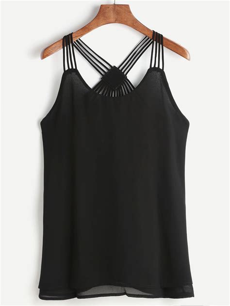 Schwarzes Strappy Rücken Geschichtetes Chiffon Cami Top German Shein