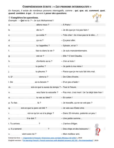 French Interrogative Pronouns Worksheet 22 Sentences With Gaps To Fill Answers Teaching