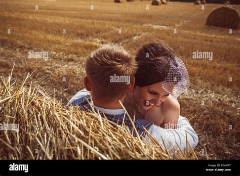 Bride And Groom Near Hay Barn Stock Photo Alamy