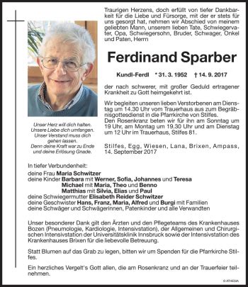 Traueranzeigen Von Ferdinand Sparber Trauer Bz