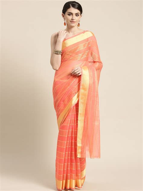 Buy Chhabra 555 Peach Coloured Golden Striped Chanderi Saree Sarees