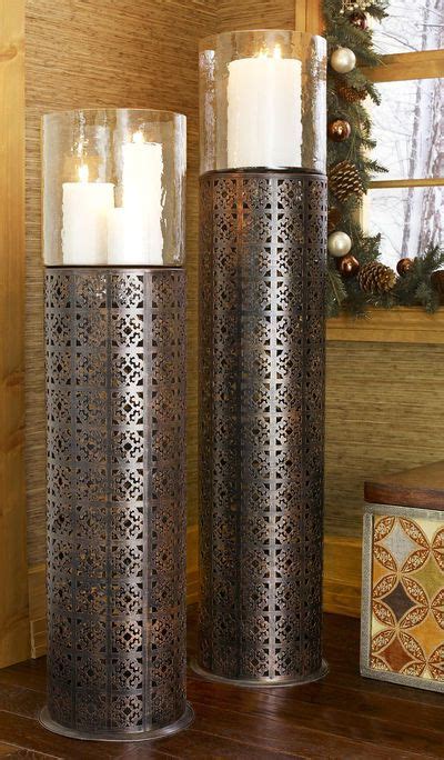 Brown Pierced Metal Floor Hurricane Small With Images Floor Hurricane Candle Holders