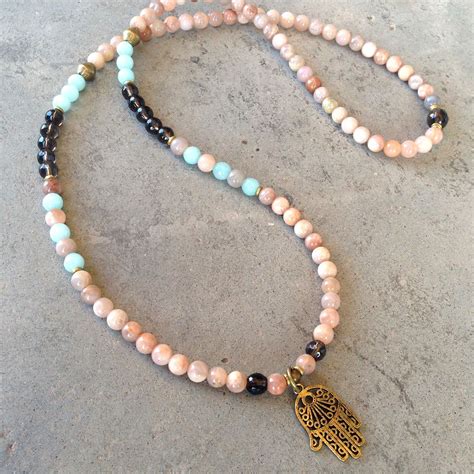 Sunstone Smoky Quartz Amazonite Bead Mala Necklace Or Wrap