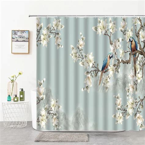 Golden Ginkgo Leaf Glying Bird Shower Curtains Modern Blue Background