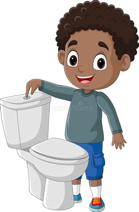 Cartoon Little Boy Pushing Flush Button In Toilet Stock Vector