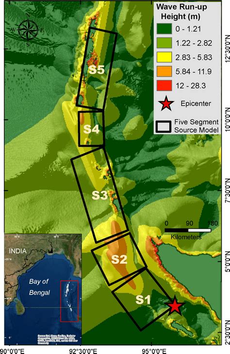 Wave Run Up Height Map Showing Five Segment Sources Model And Epicenter