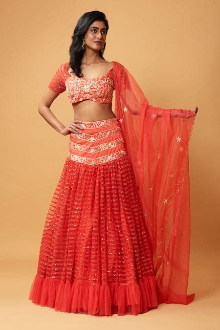 Buy Red Raw Silk Embroidery Sequin Sweetheart Neck Lehenga Set For