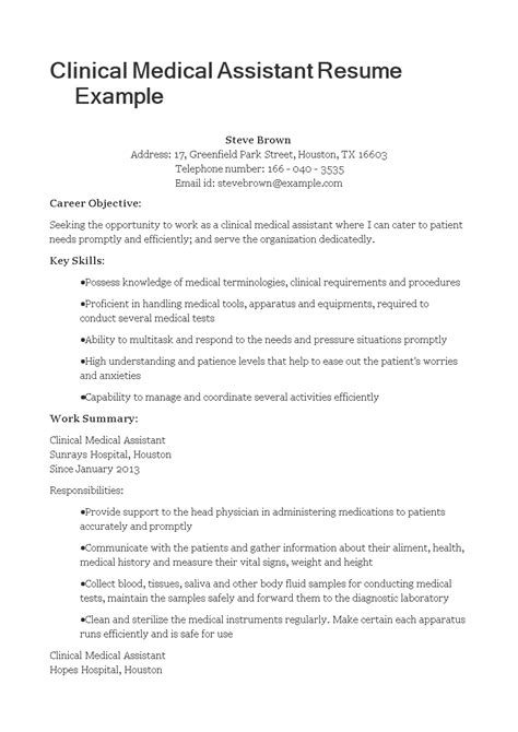 Clinical Medical Assistant Resume Templates At Allbusinesstemplates