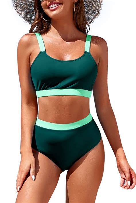 Womens High Waisted Bikini Sets Sporty Crop Top Color Block Swimwear Bandeau Scoop Neck Vintage